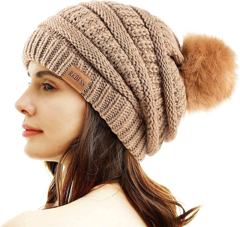 REDESS Women Winter Pom Pom Beanie Hat with Warm Fleece Lined, Khaki - Image 1